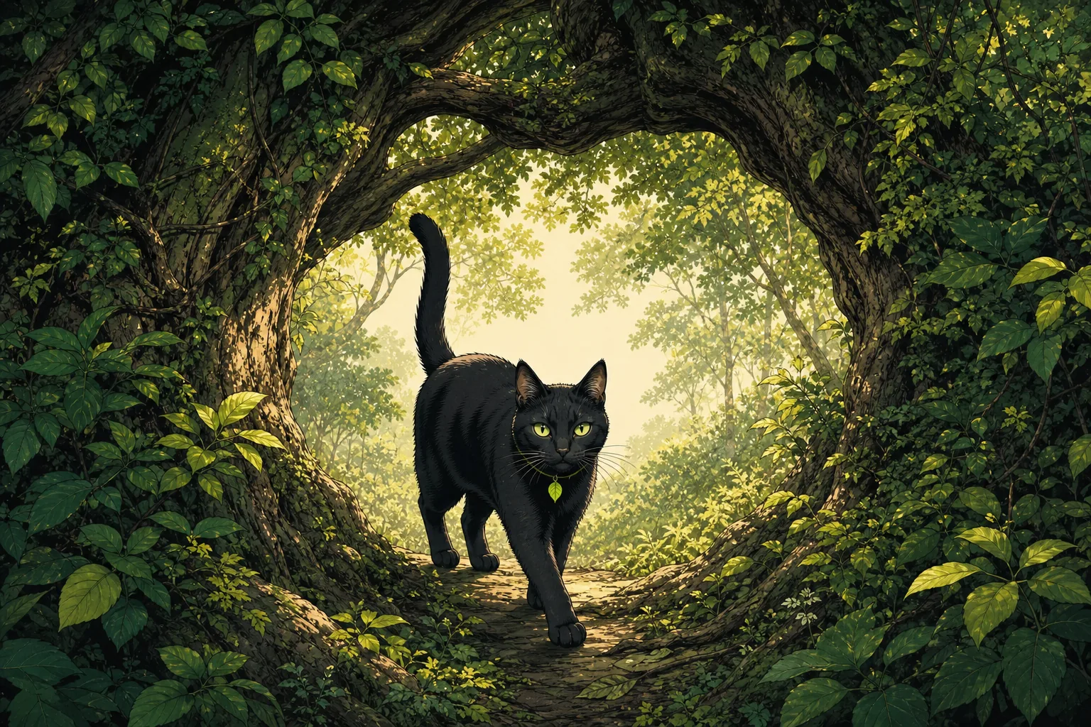 The cat walks through a natural gateway formed by two ancient trees.