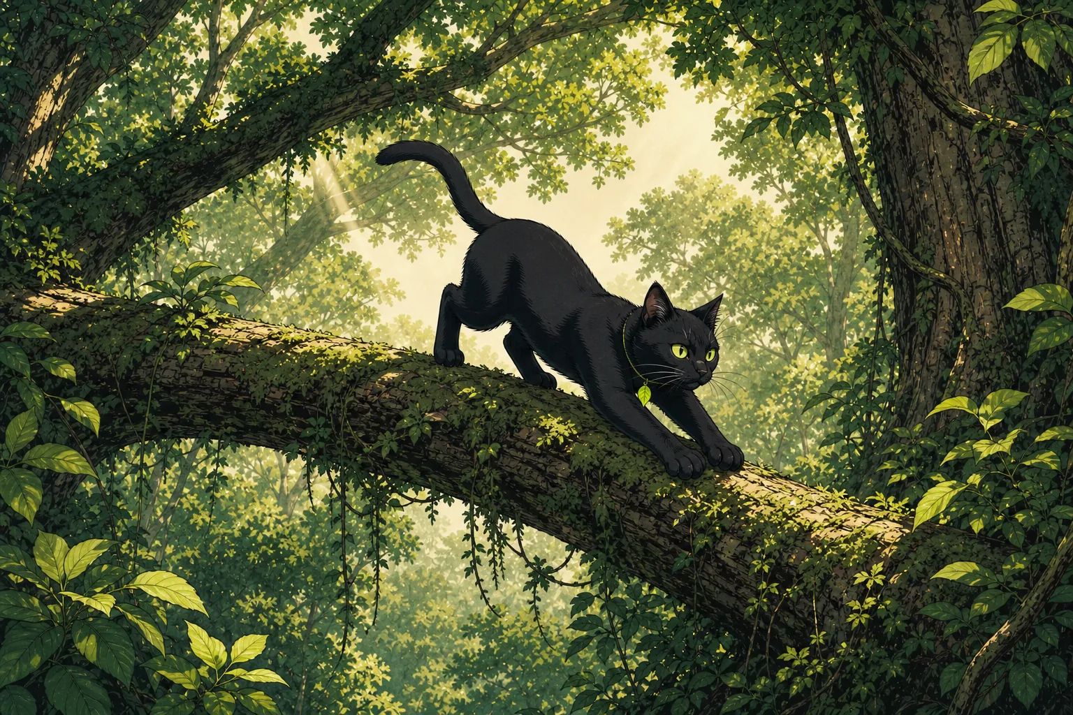 The cat lands on a mossy branch in warm light.