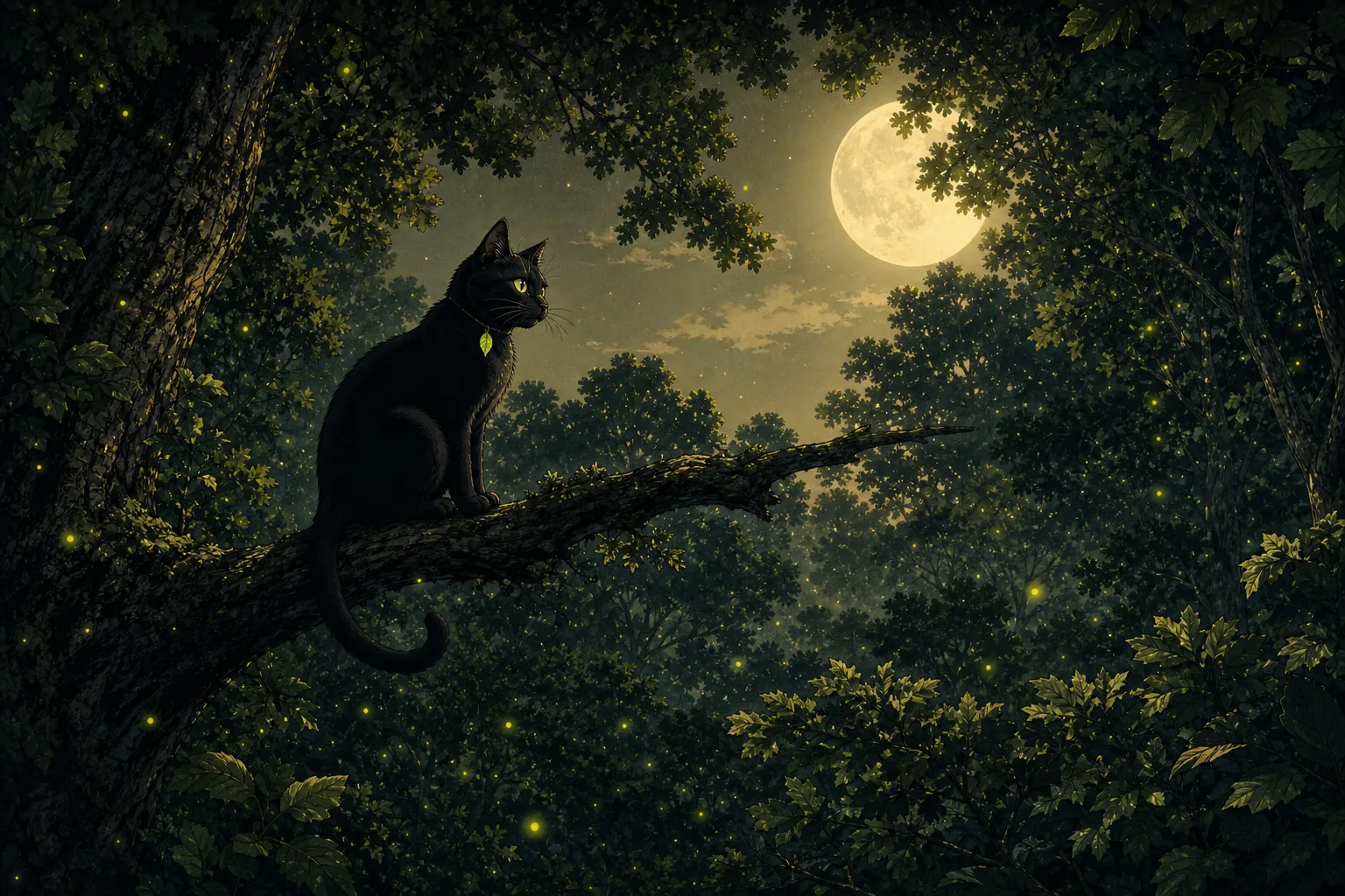 The cat watches a moonlit forest filled with fireflies.