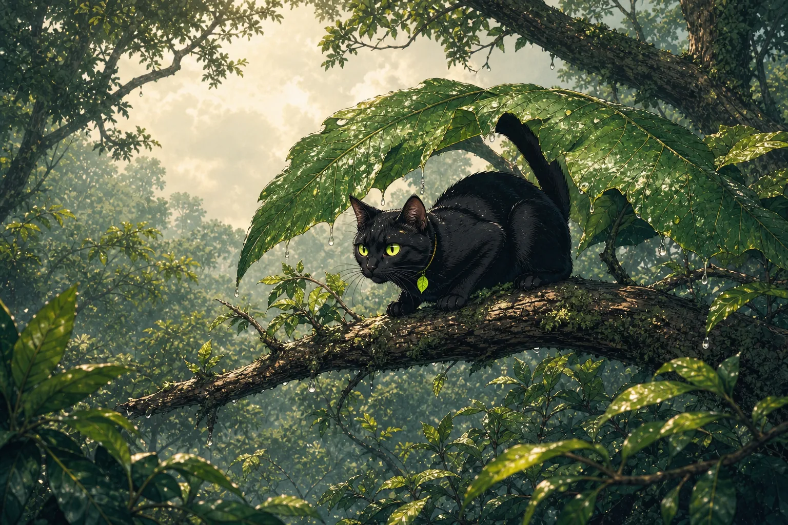 The cat shelters under a rain covered leaf.