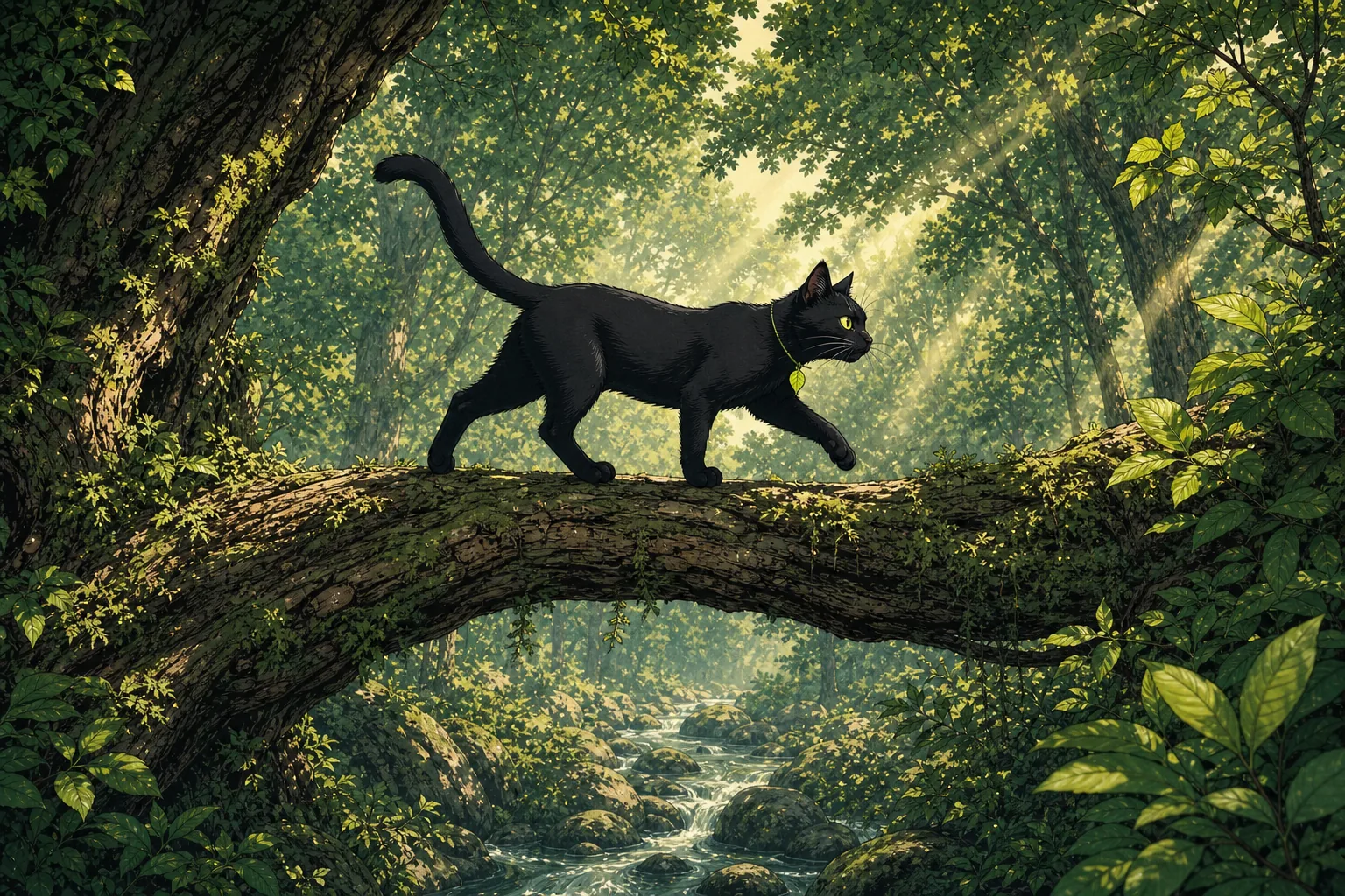 The cat crosses an ancient branch above a forest stream.