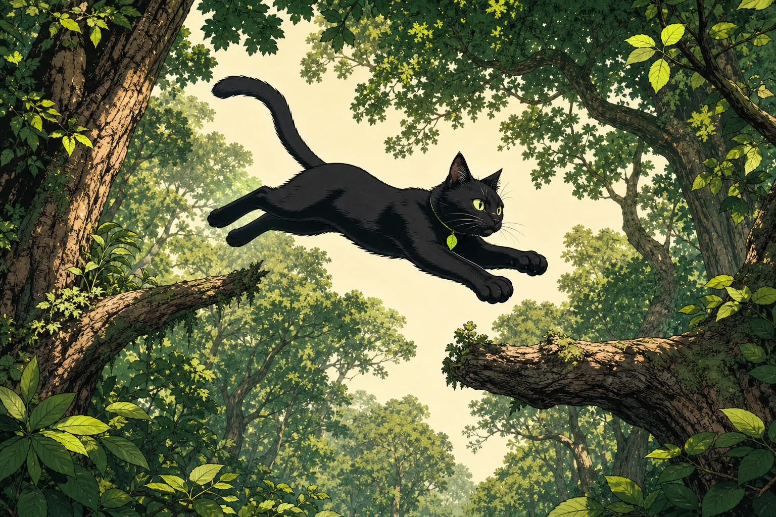 The cat leaps between high branches in daylight.